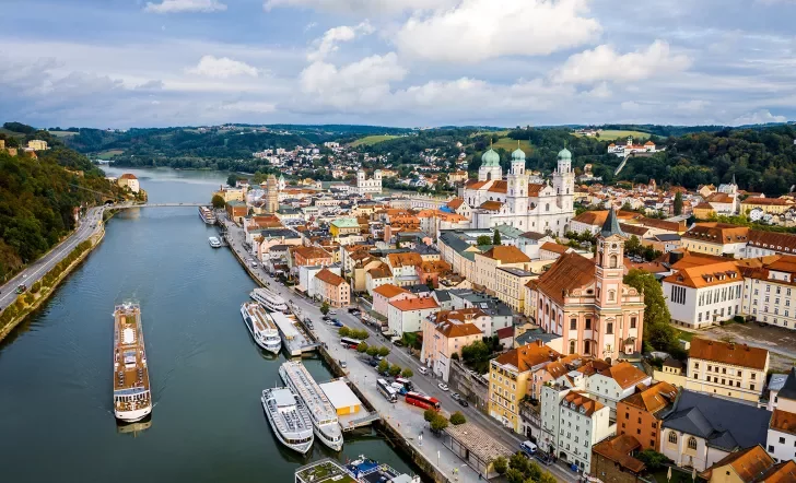 Aerial view of boats and cruise ships on the Danube River.