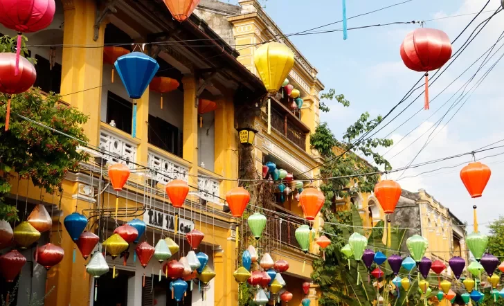 Lanterns hung above a street in Hanoi, Vietnam