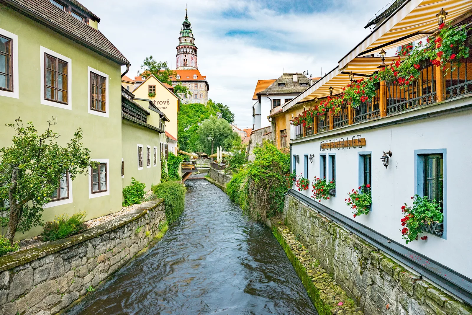 Restaurants along a waterway in Czech Republic.