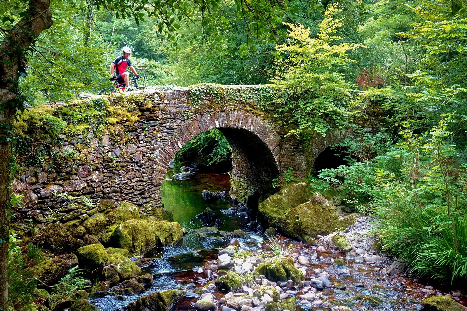 Cyclist Stone Bridge Over Creek Ireland