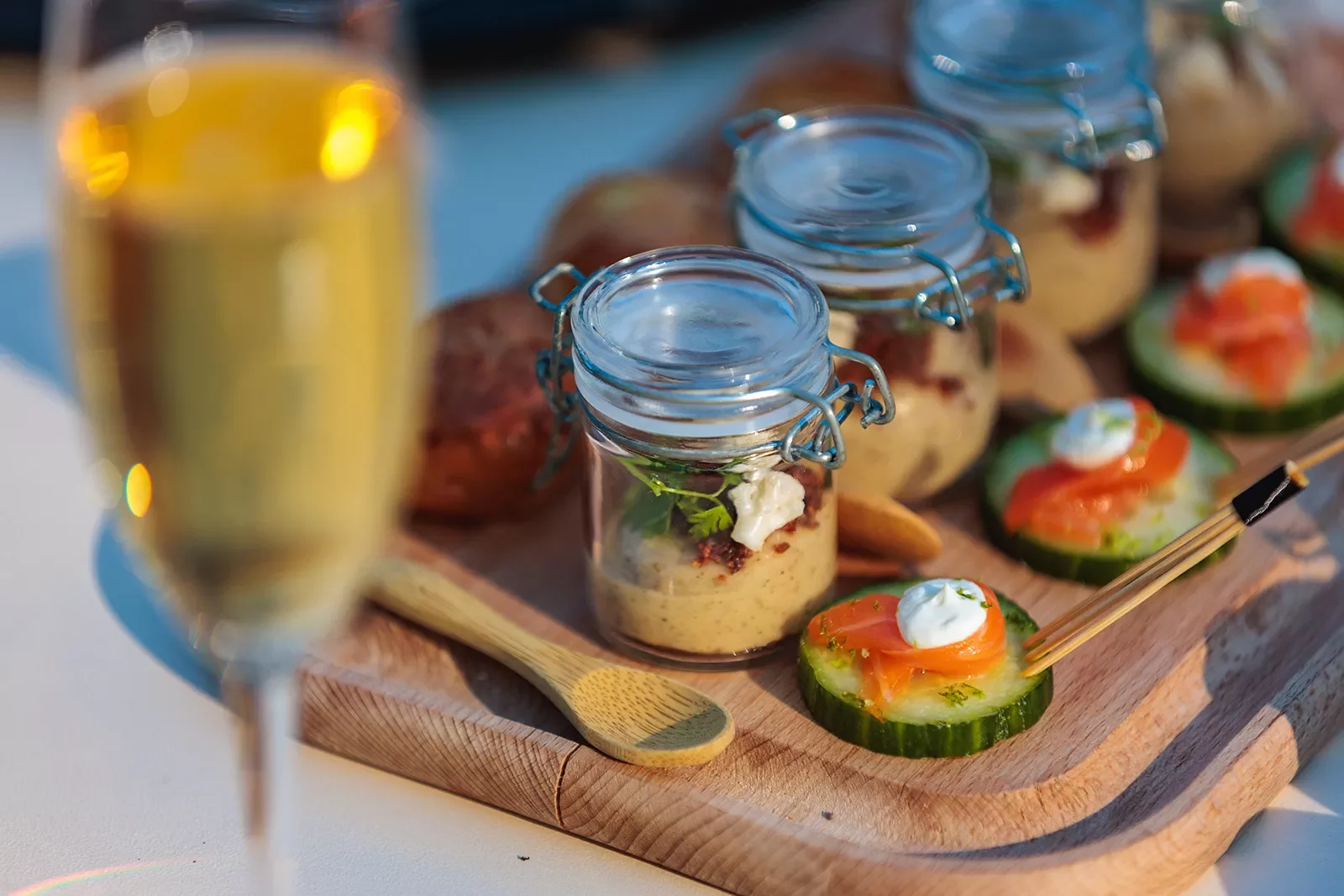 Close-up of hors d'oeuvres, champagne.