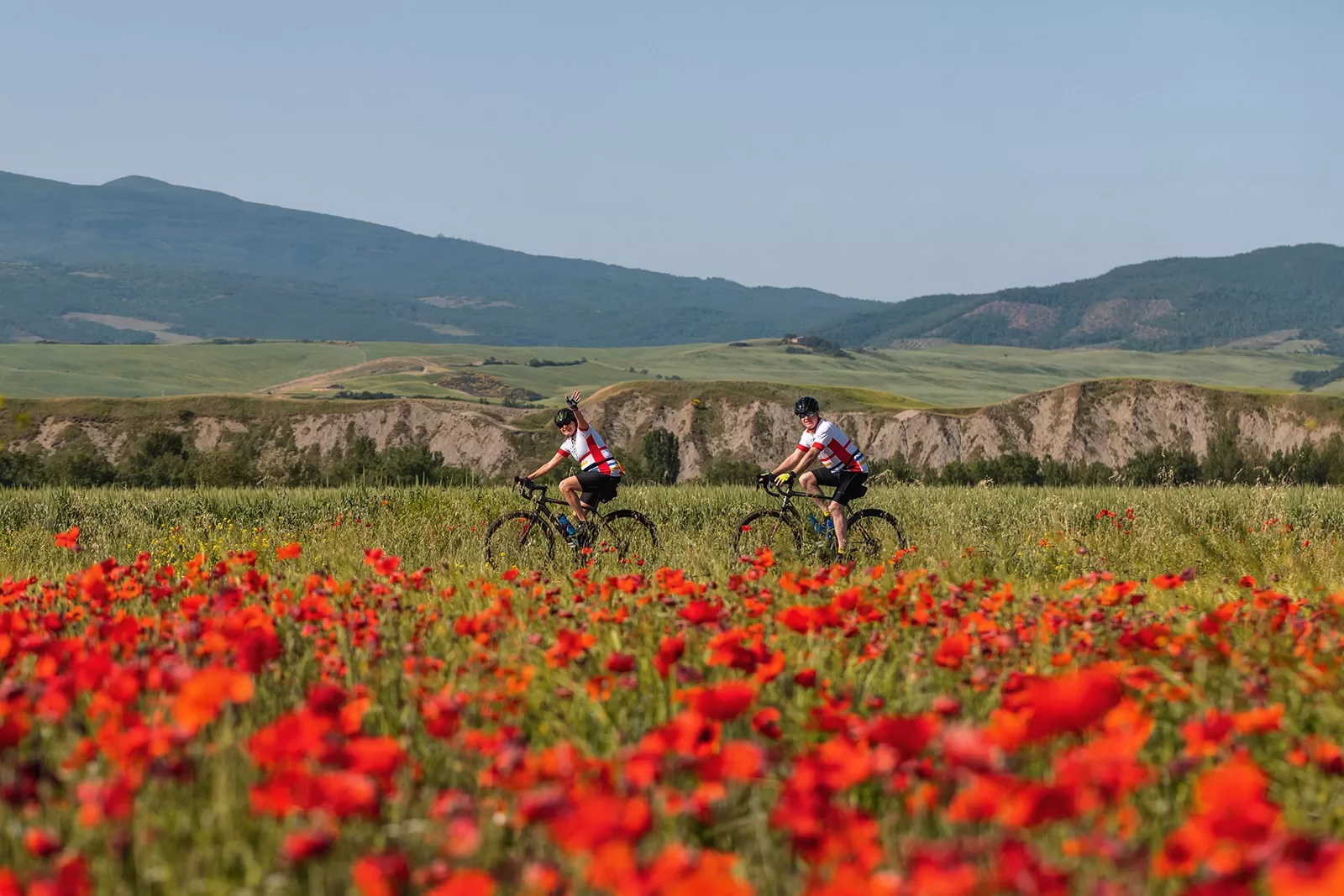 Guests cycling in front of red flower bushes, hills in distance.
