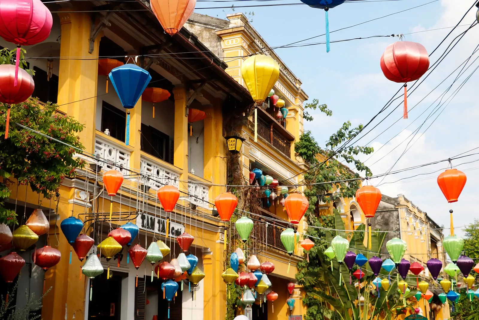 Lanterns hung above a street in Hanoi, Vietnam