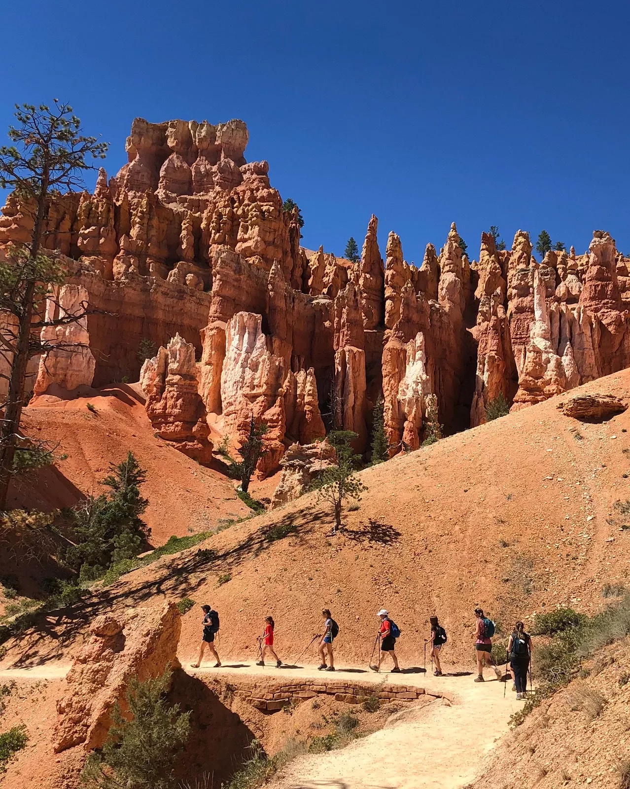 Guests hiking along orange rock trail, hoodoos behind them.