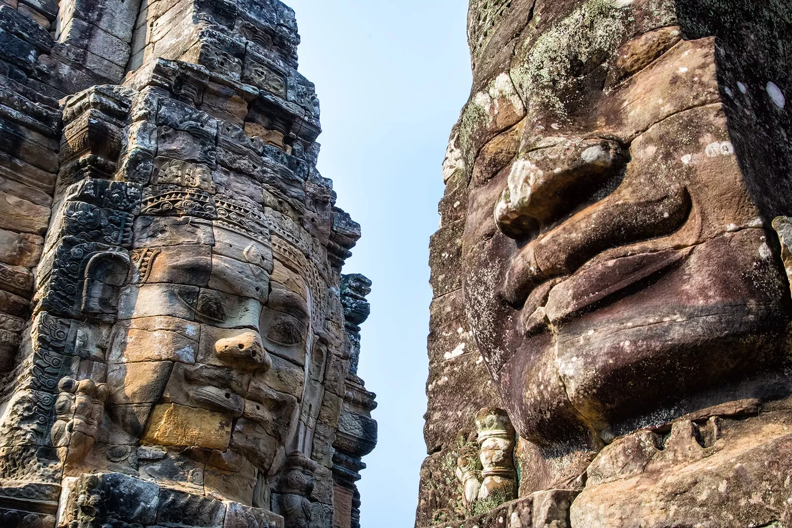 Close-up of the Bayon Temple sculpture heads.