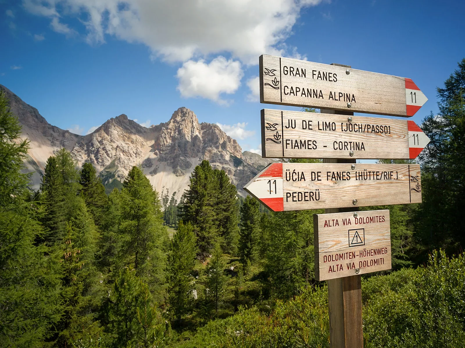 Shot of Dolomite signage, numerous trails listed.