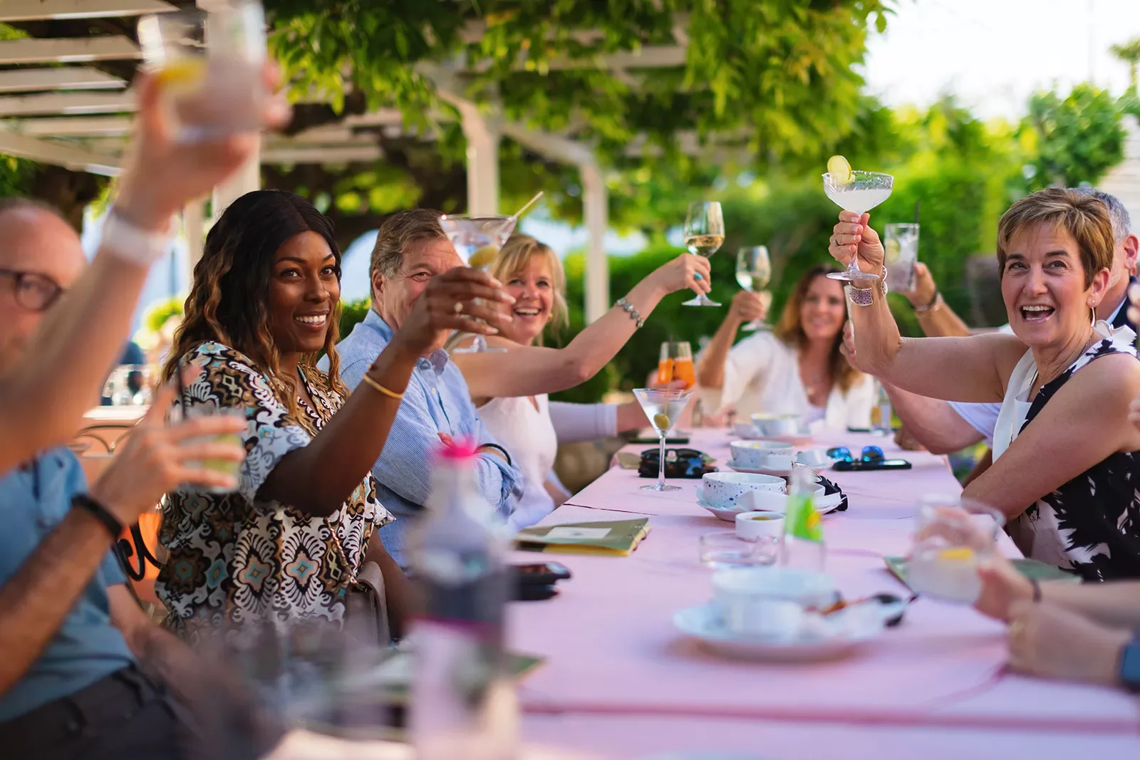 Group of guests cheersing glasses at meal.