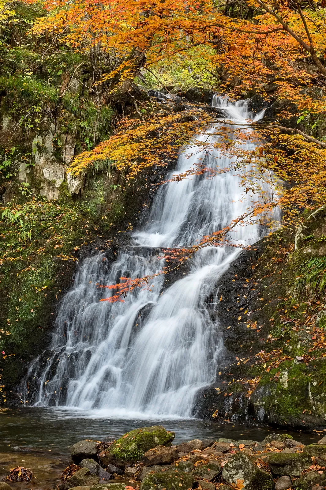 Waterfall flowing in a valley in Japan in the fall