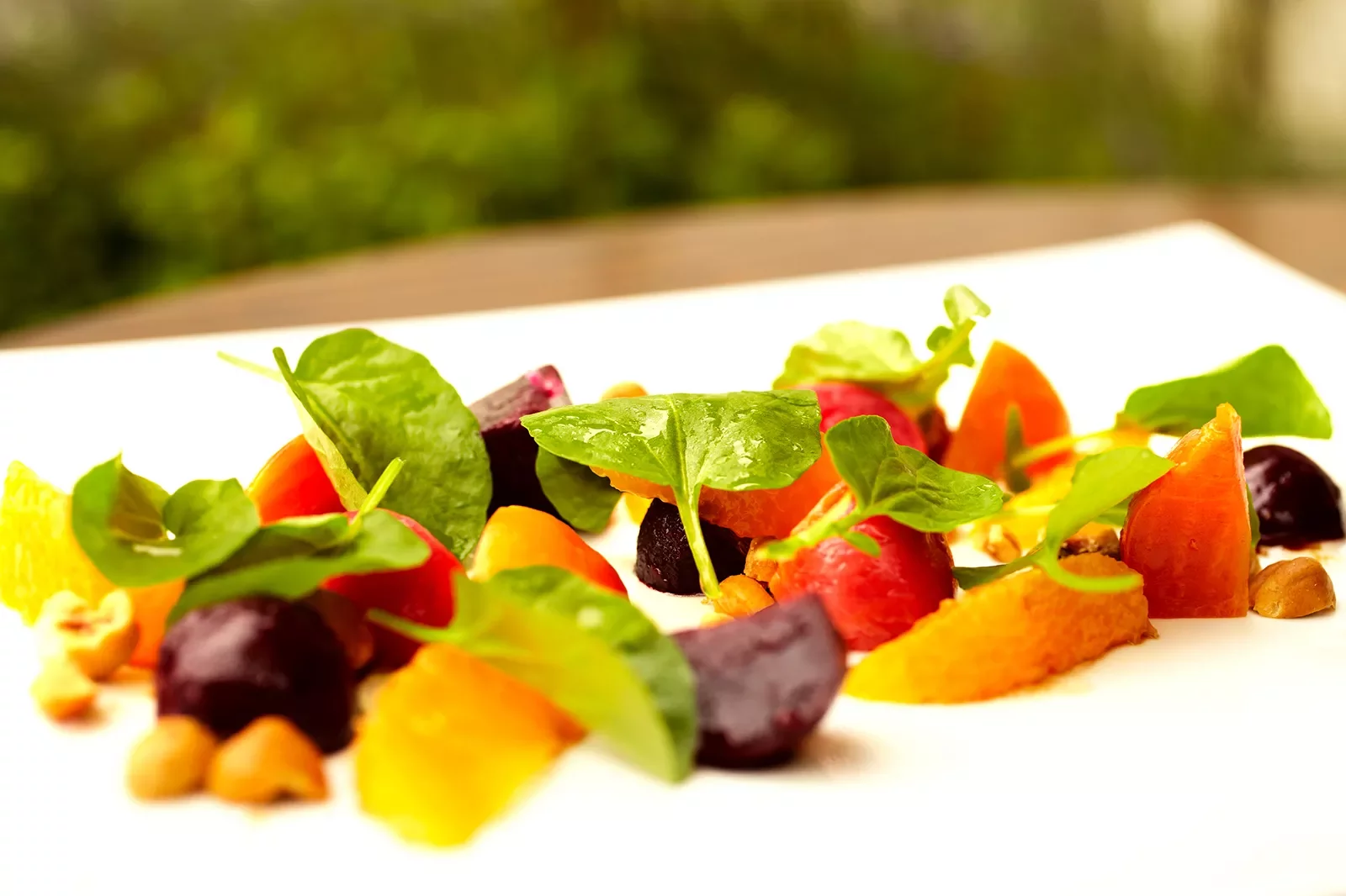 Small plate of food, beets, fruit, micro greens, etc.