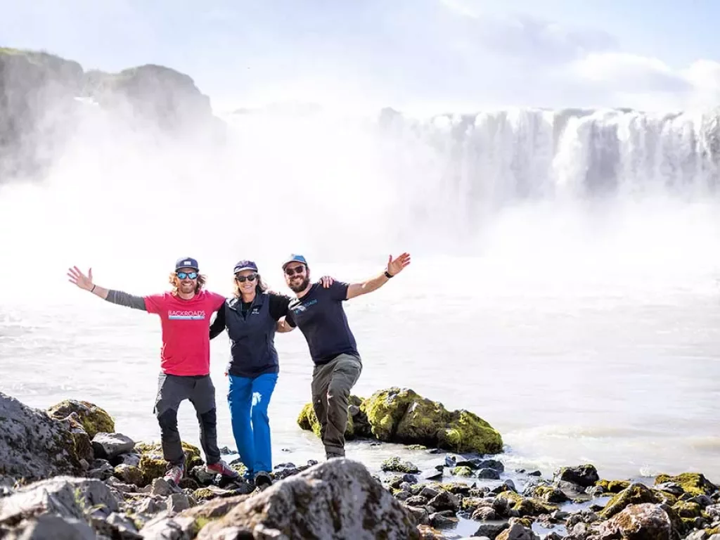 Iceland Ocean Cruise Walking & Hiking Tour - Trio by waterfall