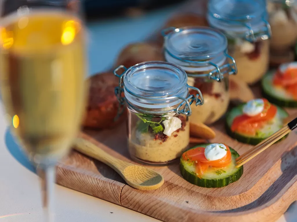 Close-up of hors d'oeuvres, champagne.