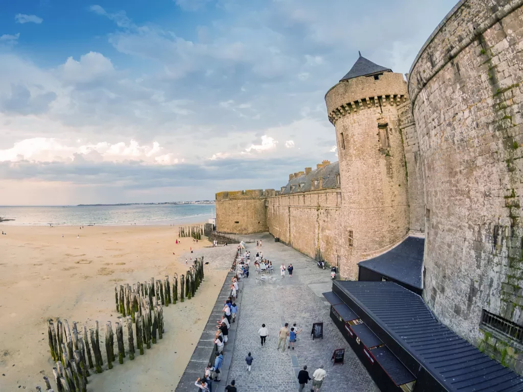 Saint Malo beach and City Medieval Architecture During Low Tide. Brittany, France