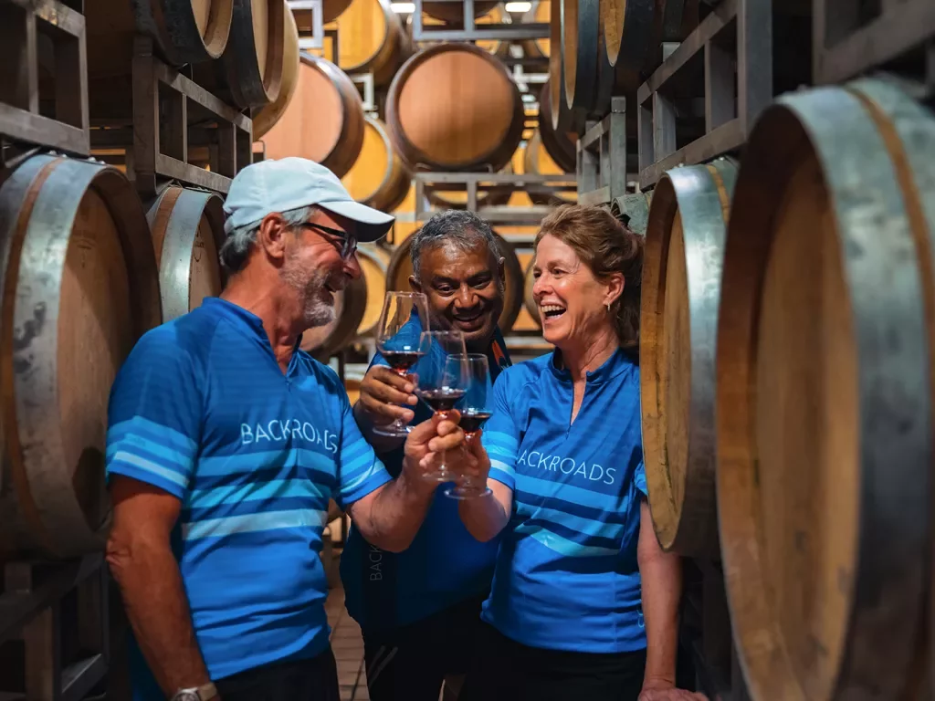 Three guests in wine cellar, cheersing glasses.