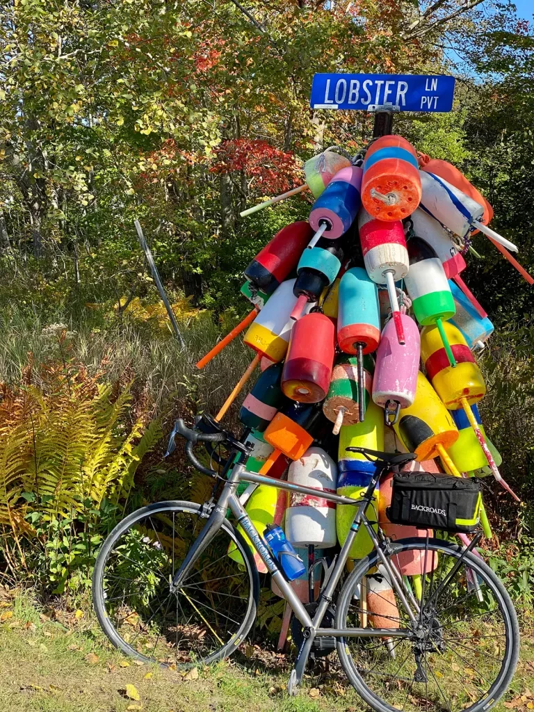 Bike parked at "LOBSTER LN" sign, numerous buoys tied around it.