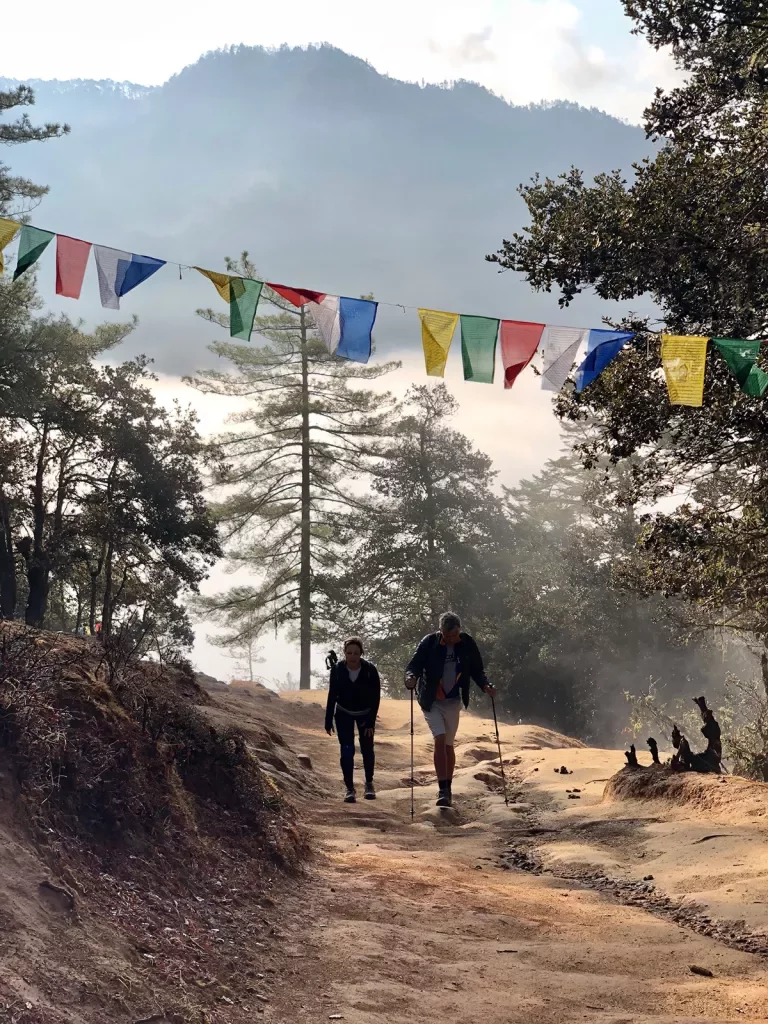 Hiking along a dirt hiking trail in Bhutan