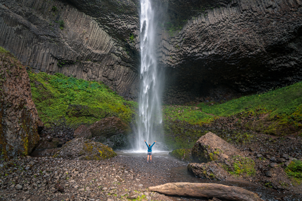 Hiker at Waterfall in Columbia River Gorge
