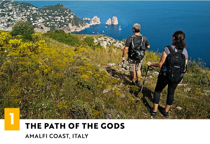 The Path of the Gods Amalfi Coast -- People Hiking above Sea