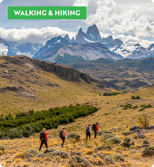Group of hikers in Argentina, epic mountains in the background