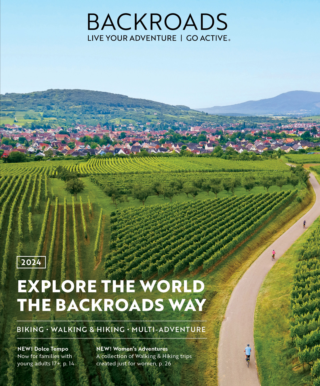 2024 All Activity Catalog Cover, aerial biking through Euro vineyards 