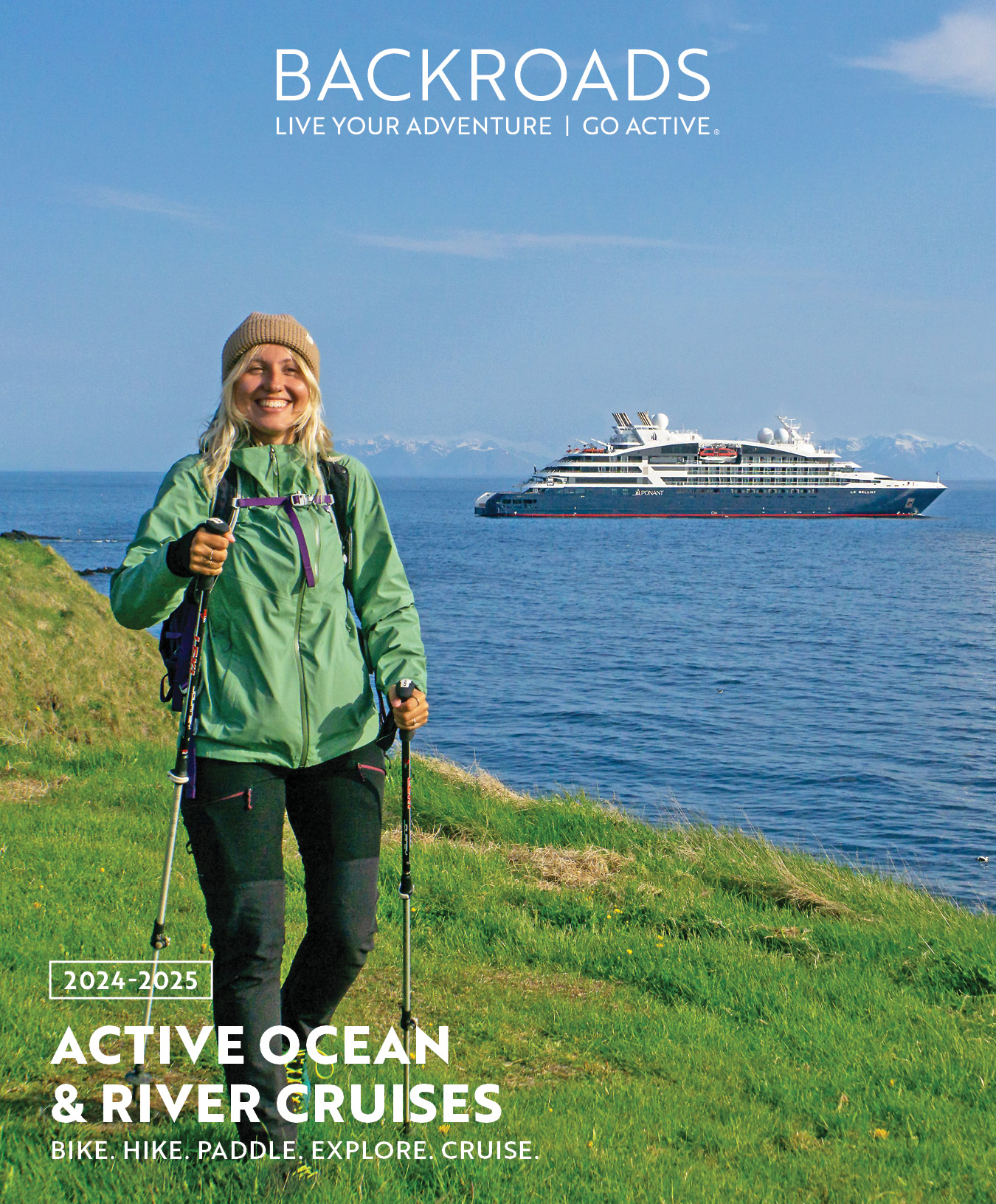 2024 Cruise Catalog Cover, Woman walking on coast with ship in distance 