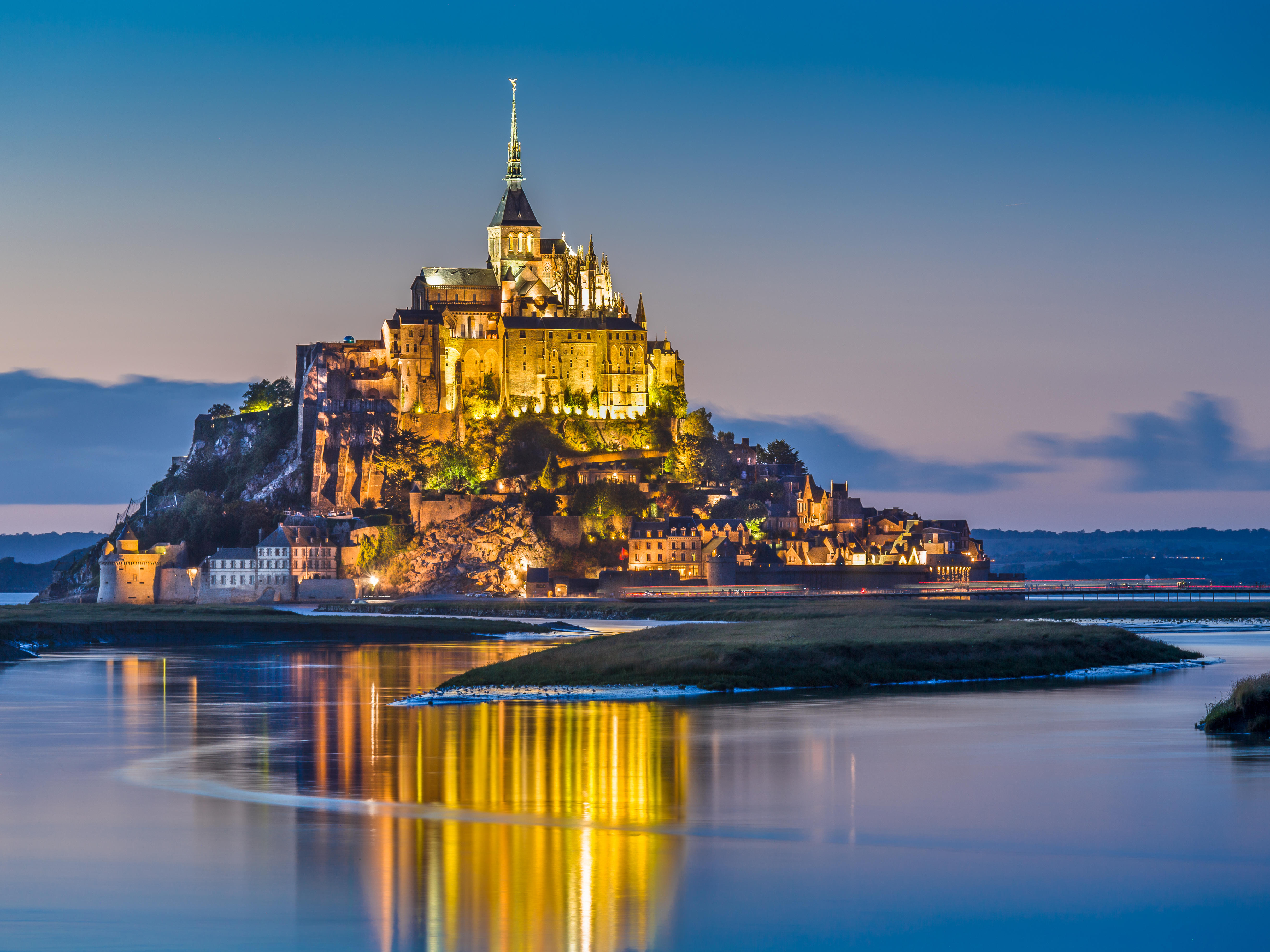 Normandy lit up at night.