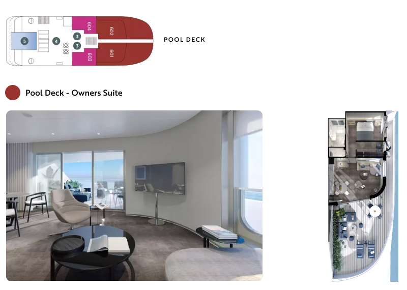 Emerald ship Pool deck plan with Owners Suite image and floor plans