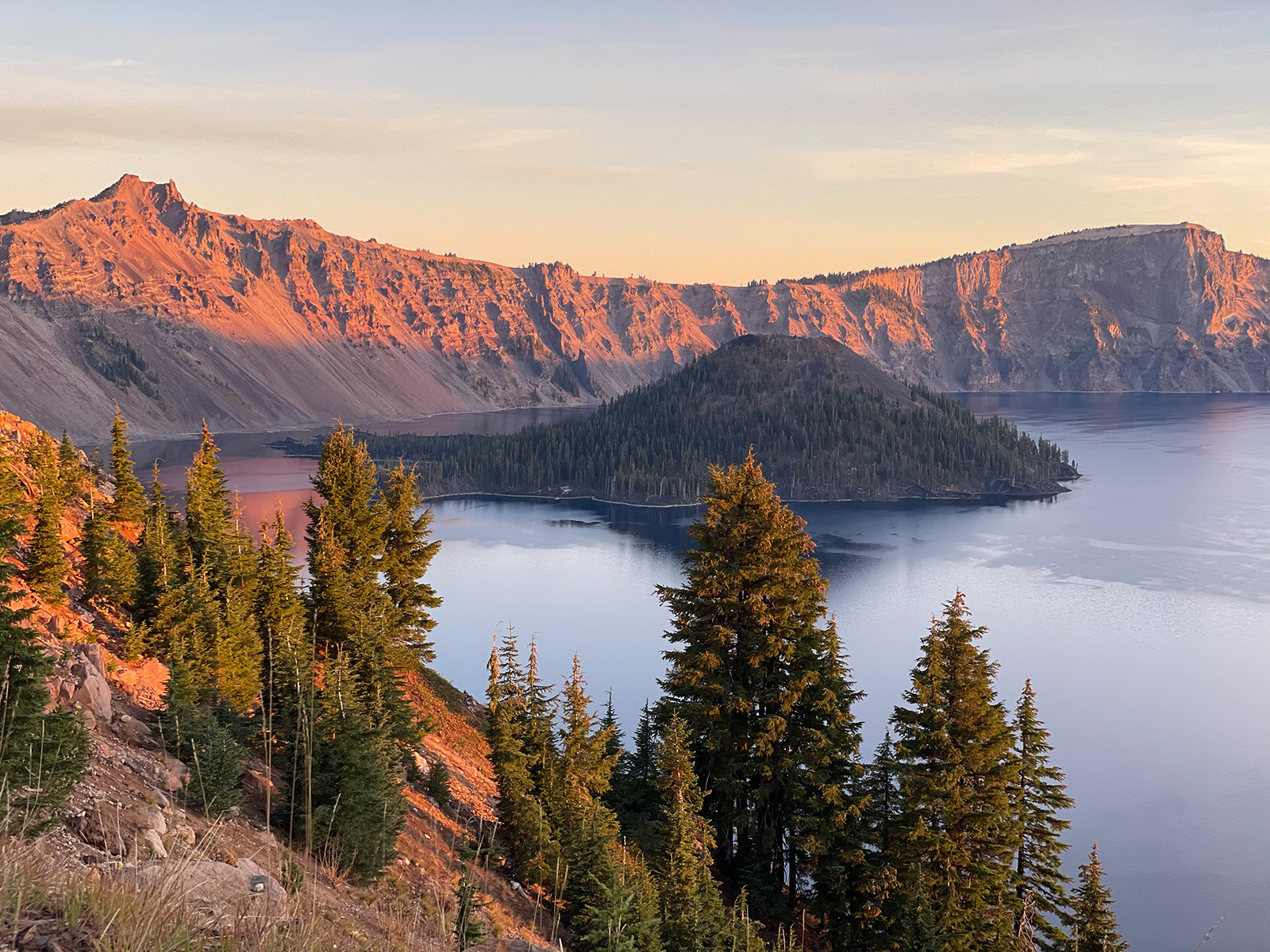 Shot of the side of Wizard Island during sunset.