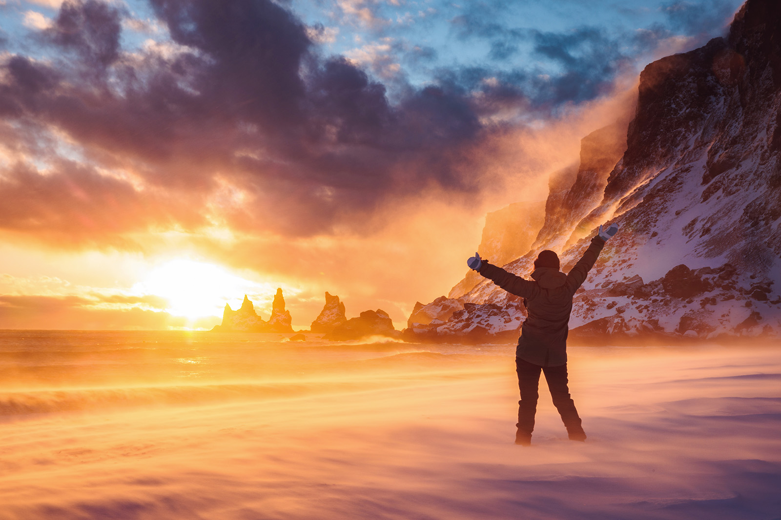 Sunset Wind Blown Beach Winter Iceland