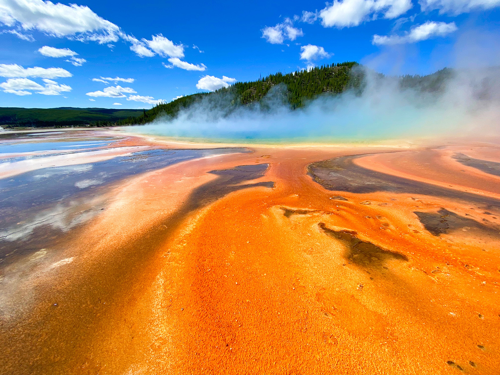 Orange sand leading up to smoking hot springs