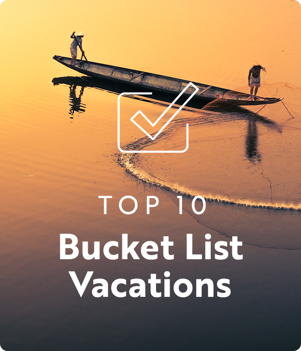 Check icon, Top 10 Bucket List vacations, Two fishermen in canoe in Vietnam