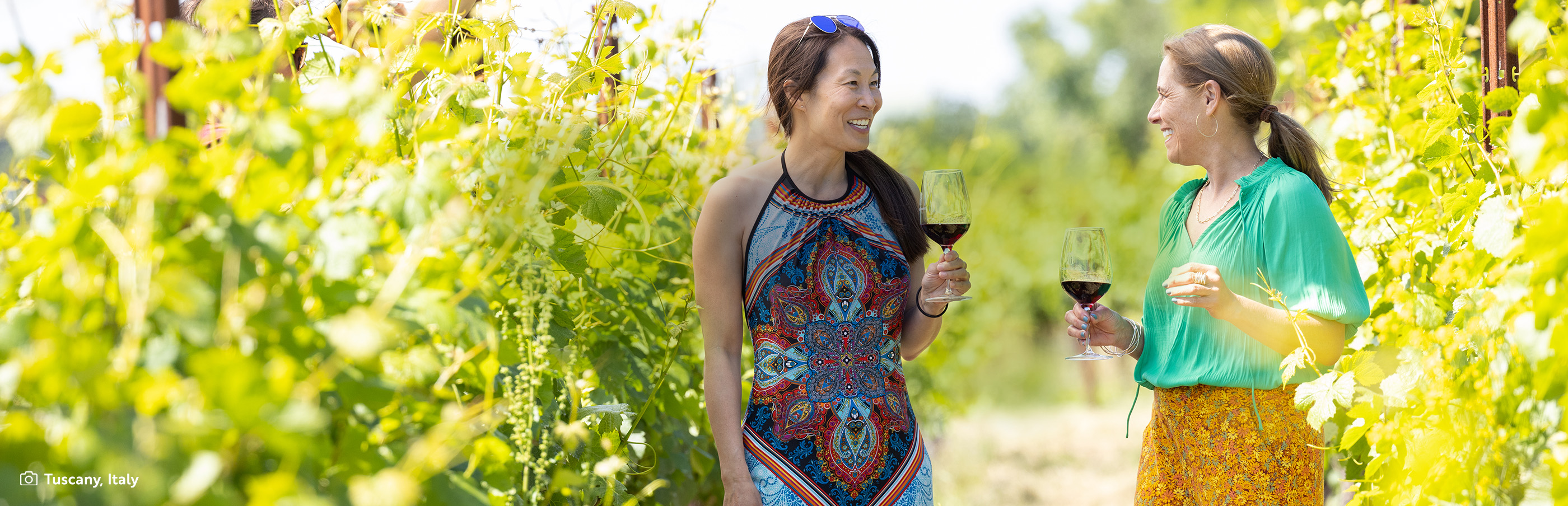 Two women drinking wine in a vineyard