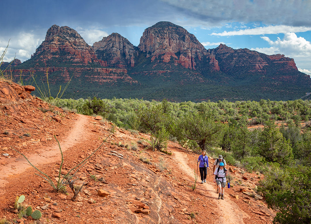 Group of three people hiking through an orange, desert trail with large trees in the background