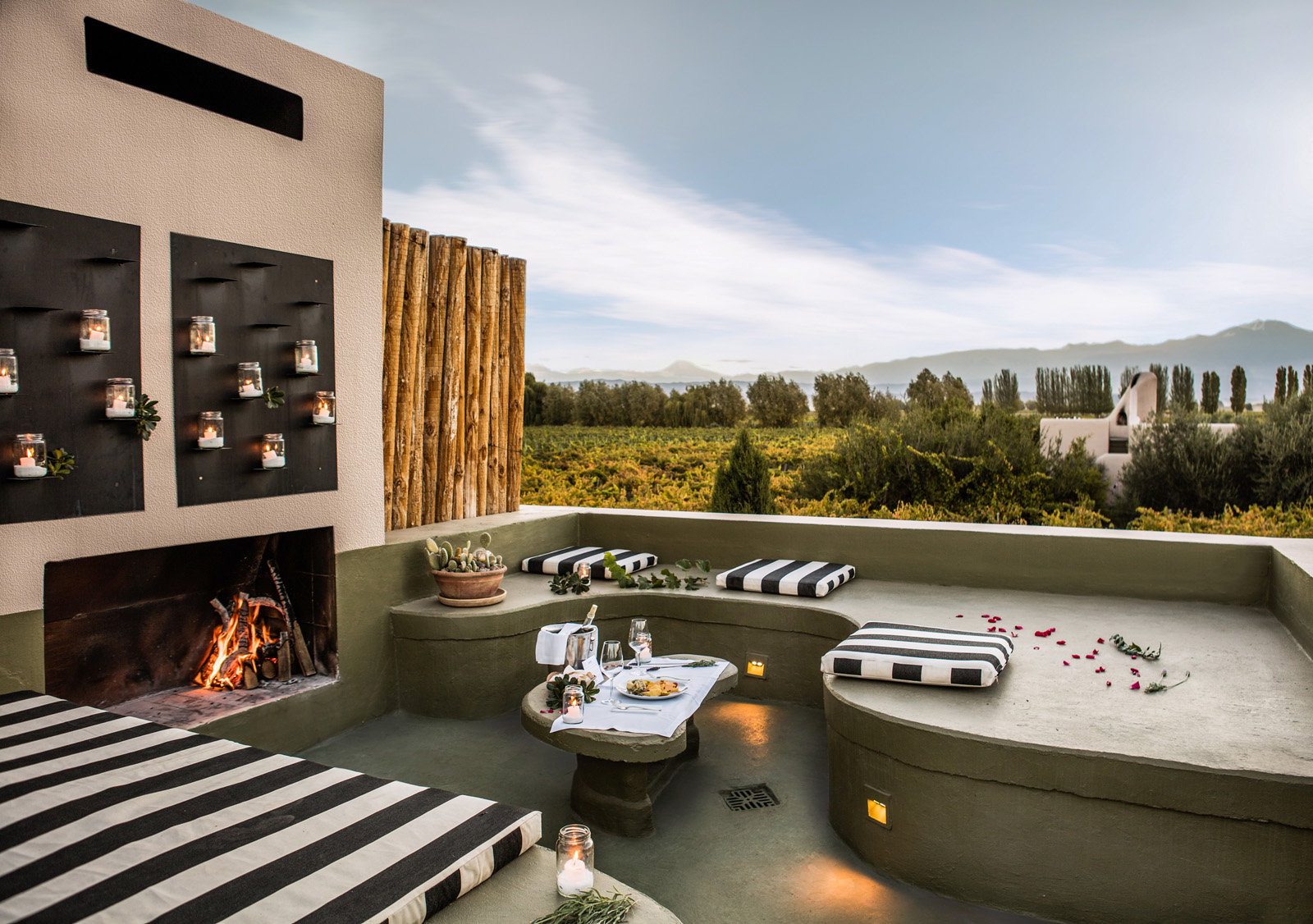 patio with stone bench