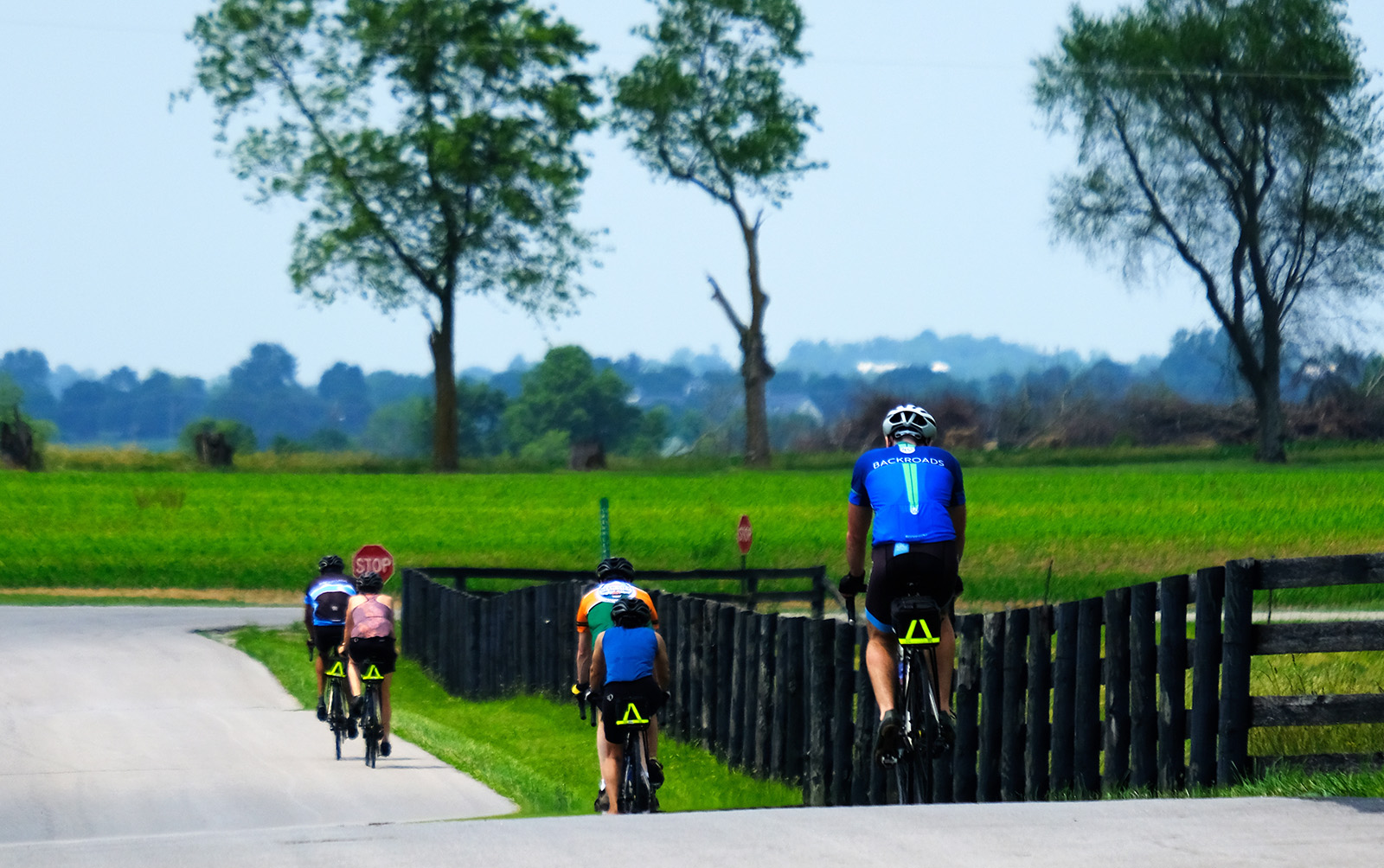 Three bikers on an empty road, surrounded by grass