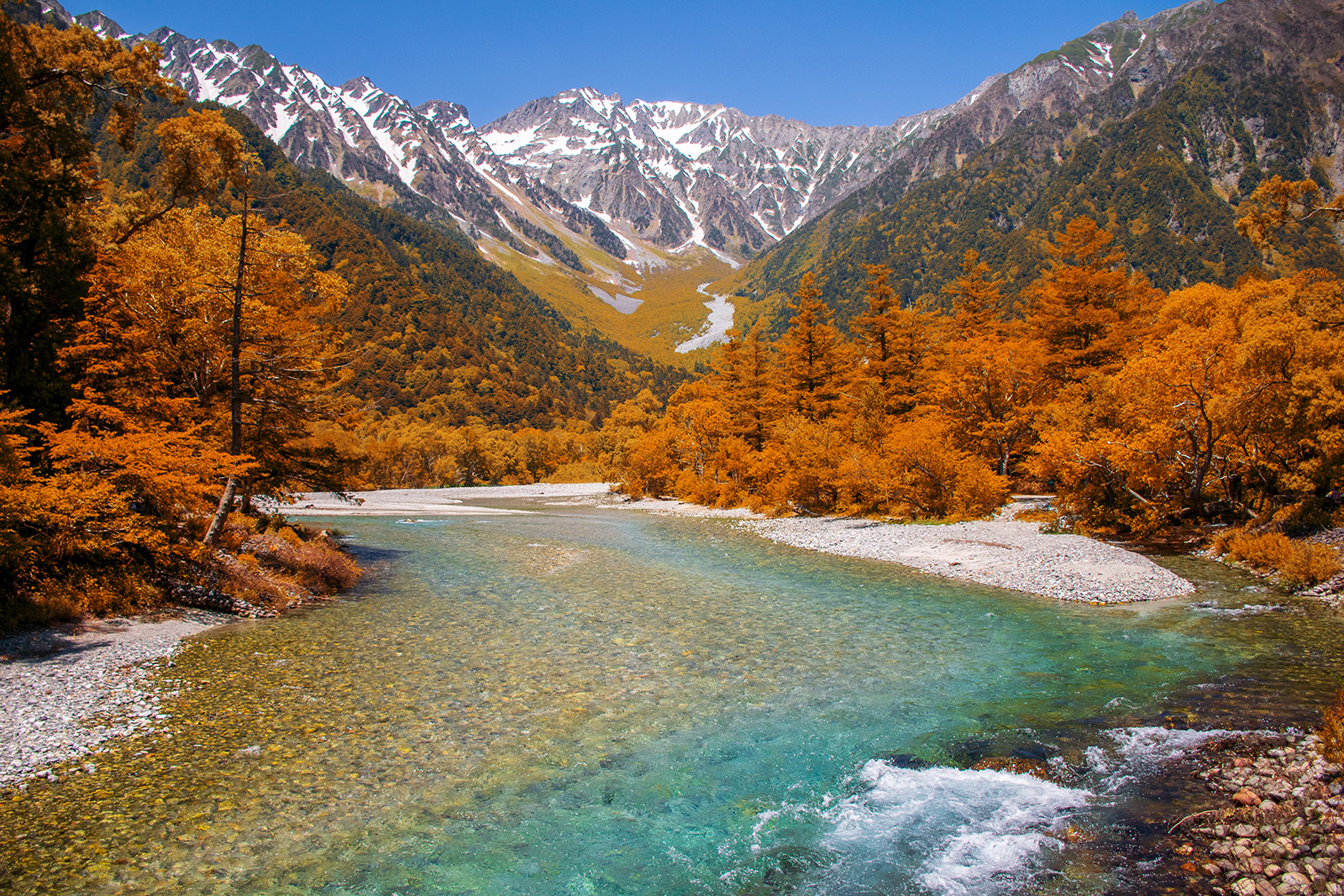 River in the middle of a valley, surrounded by orange trees