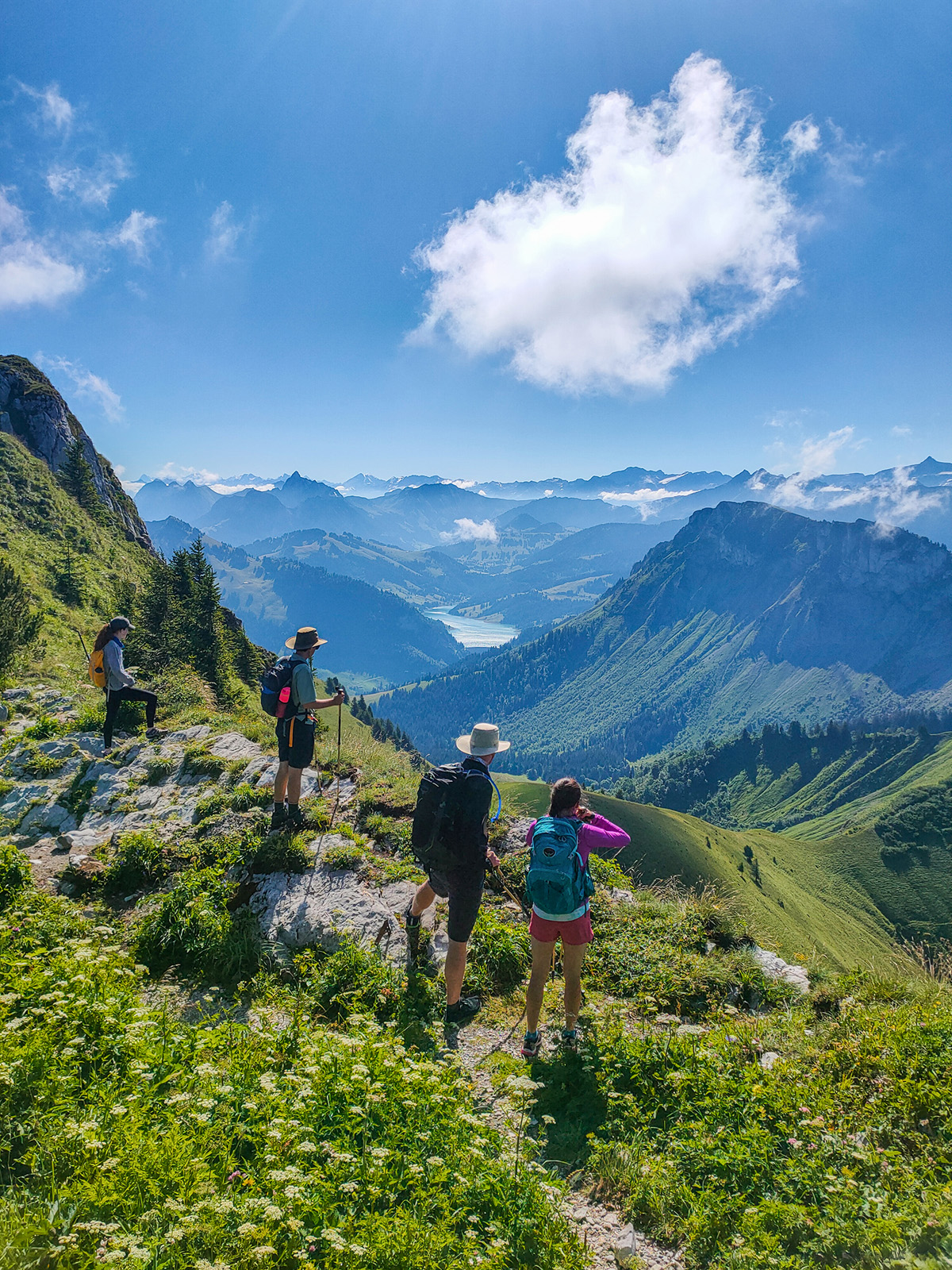 Group of people on top of a cliff looking down at grassy hills