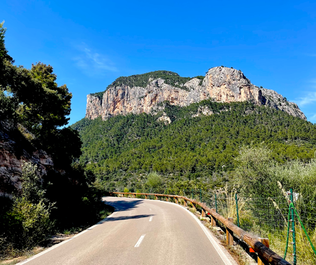 Curvy road with a grassy mountain in the background