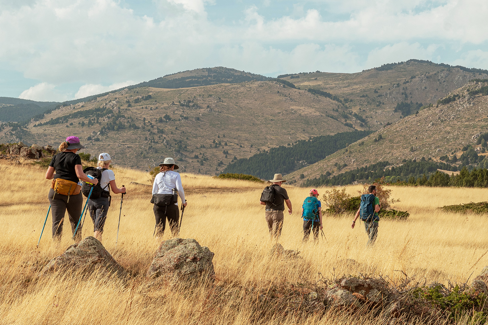 Group of hikers walking through an empty field