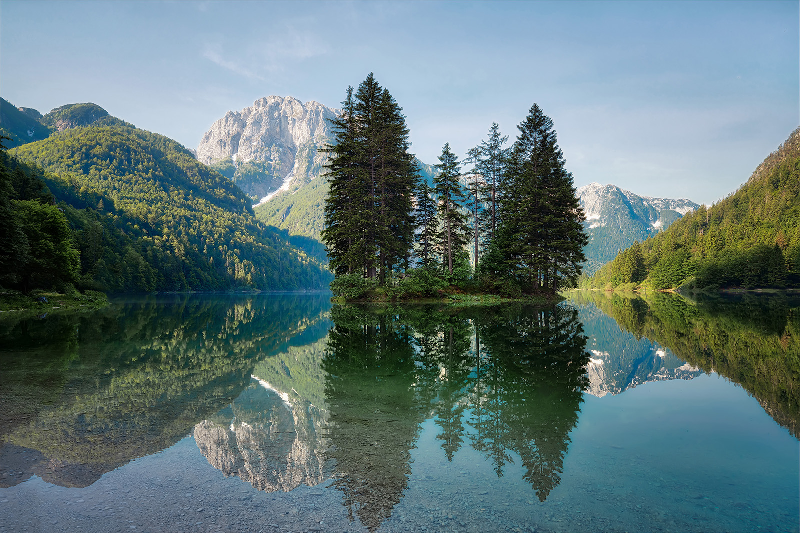 Lake surrounded by pine trees and grassy mountains