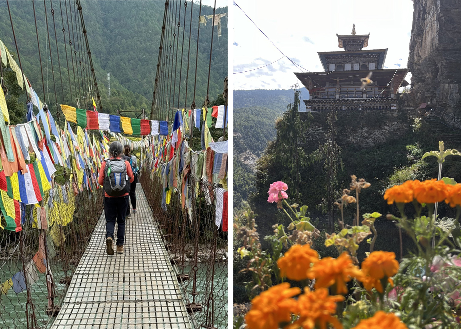 Woman walking on a bridge and a castle temple on a cliff