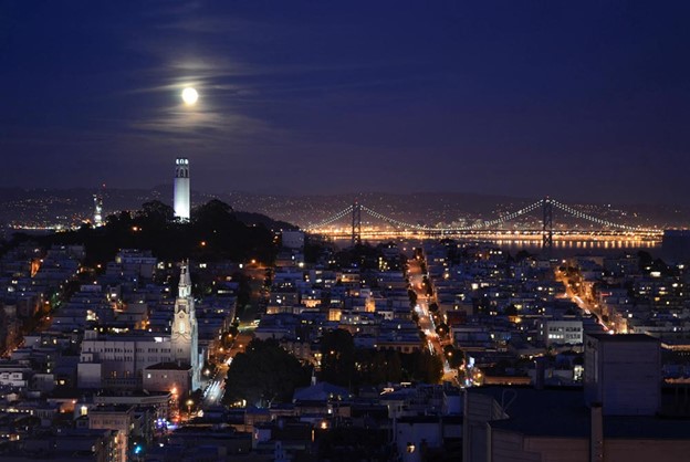 Evening, city view of San Francisco with houses illuminated by lights