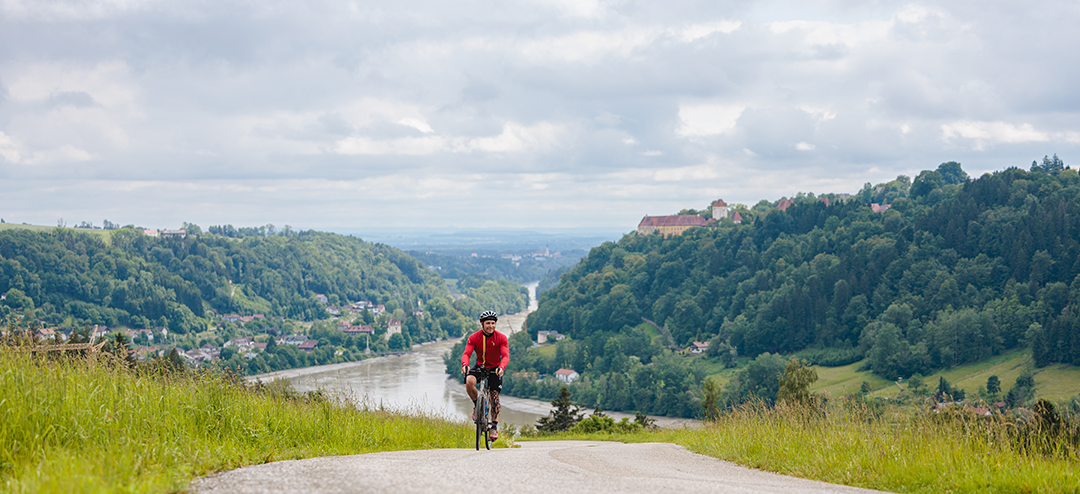 Man in a red jacket, biking in a valley with a river in the distance