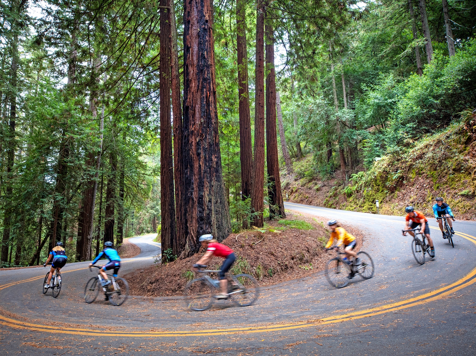 Group of people riding bikes down hairpin turns on a hill