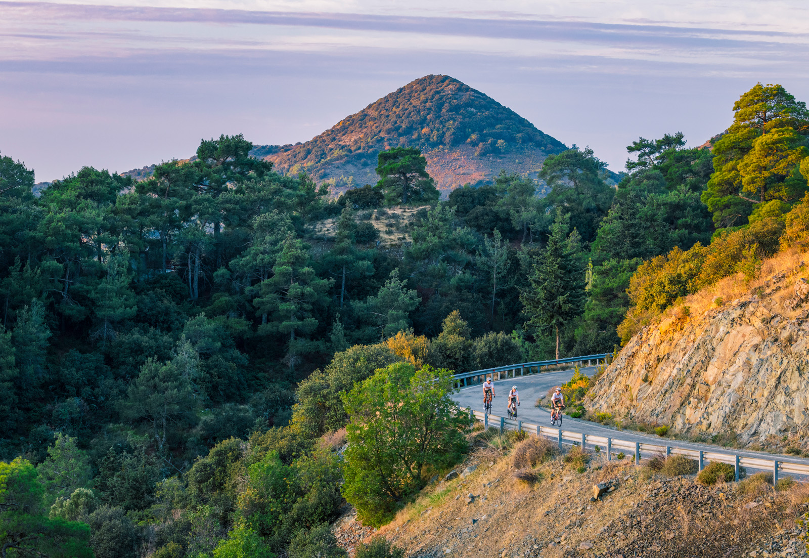 Group of people biking on an empty road with a forest in the background