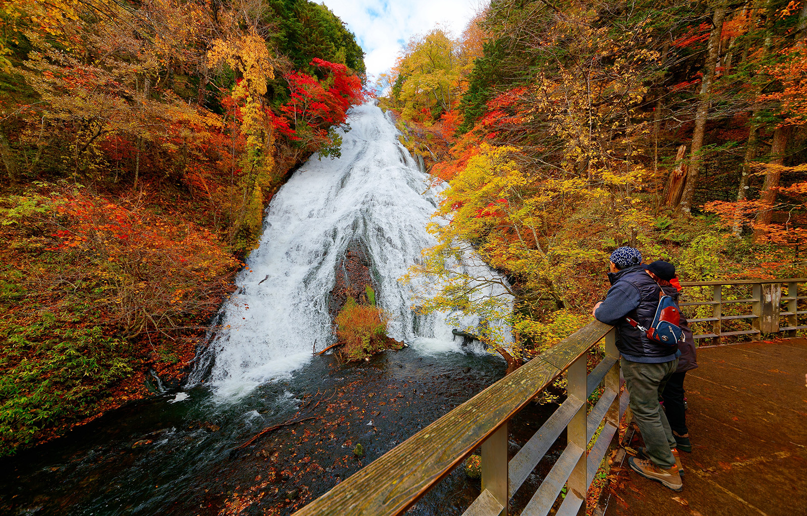 Two people standing on a ledge, looking out towards a waterfall surrounded by orange and yellow trees