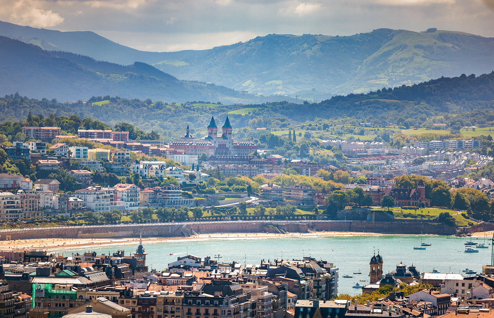 Sky view of town with a beach in the center