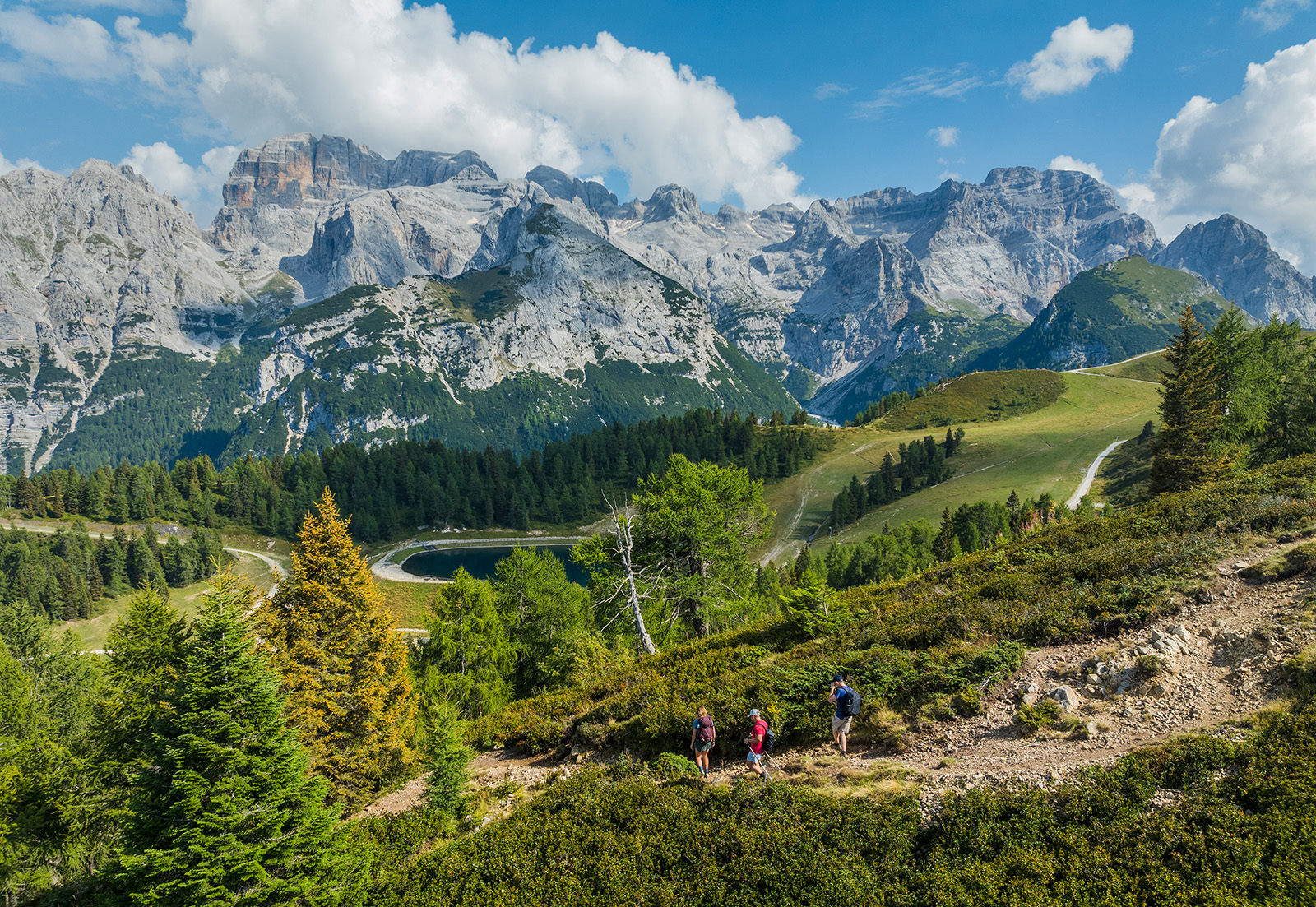 3 hikers descending a trail surrounded by trees and tall mountains