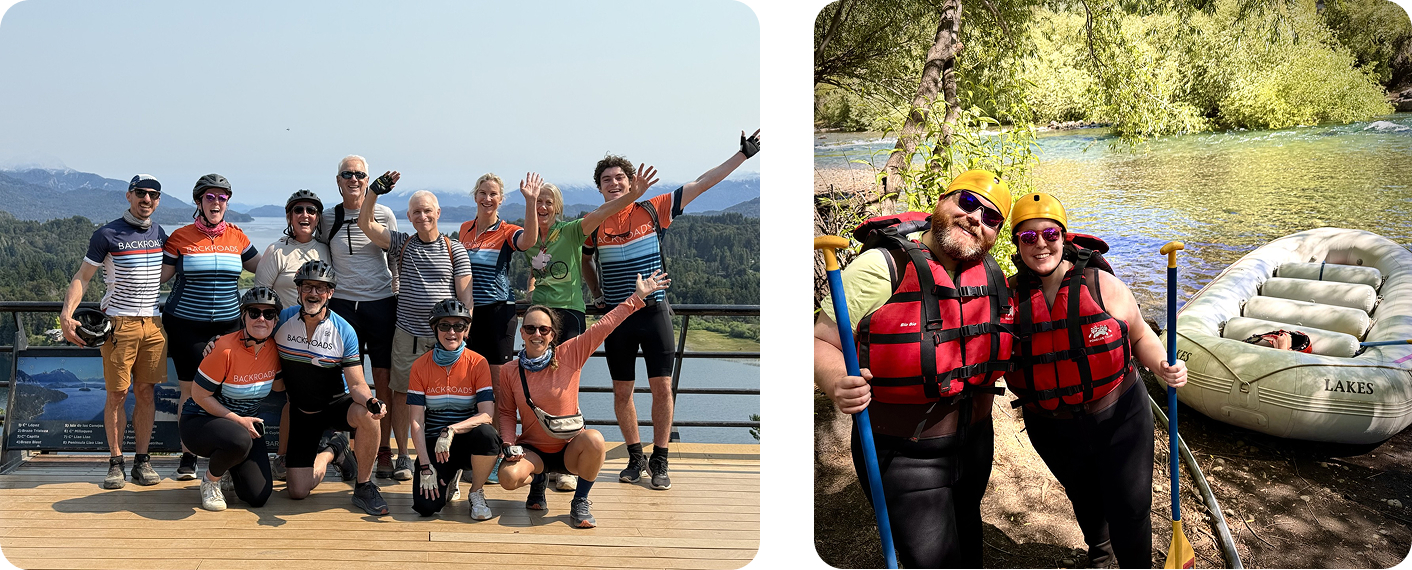 Group of people wearing biking gear with their arms open