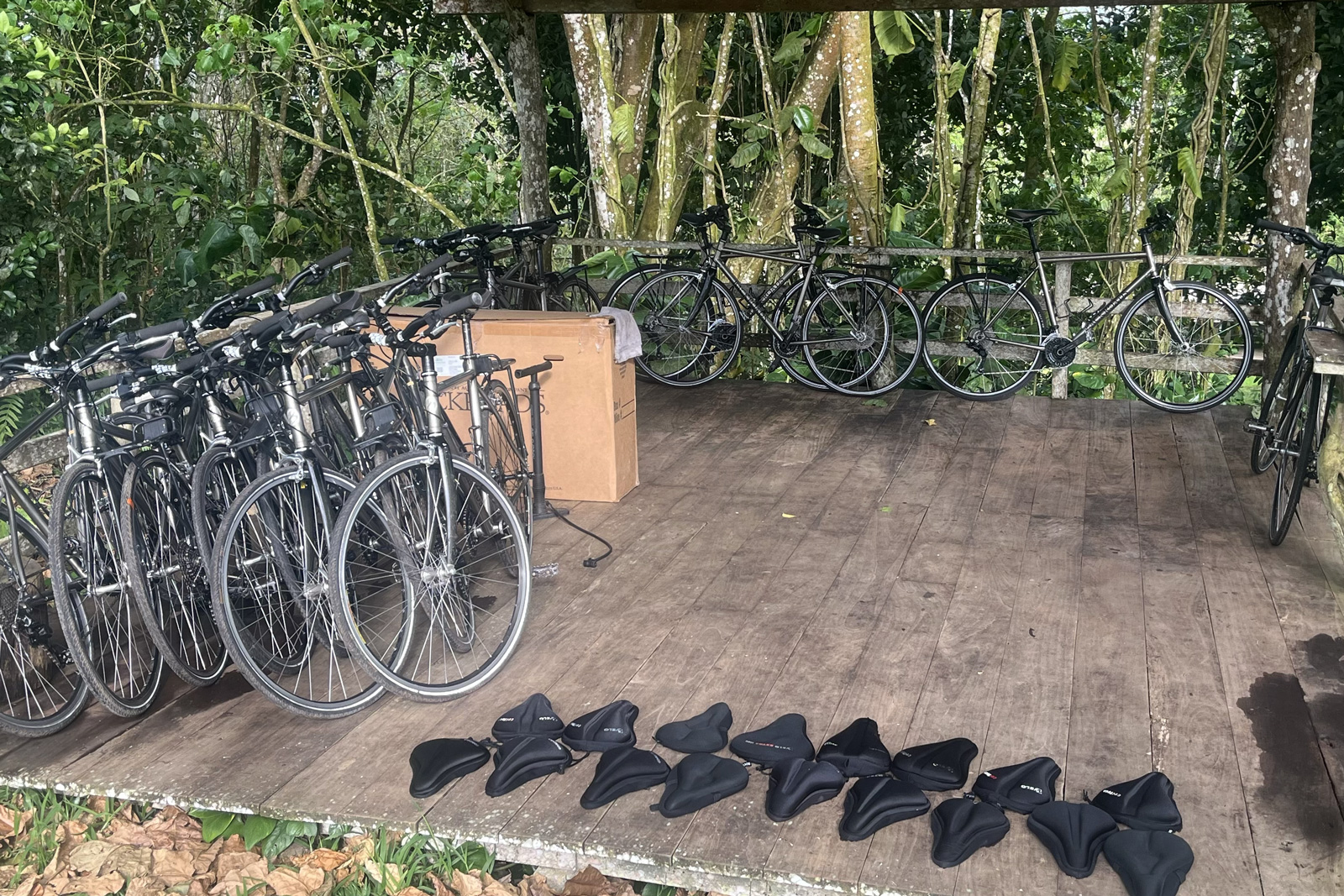 Stone flooring with bike seats on the floor