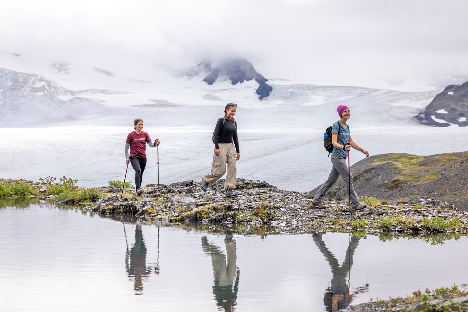 Hikers in the mist in Alaska.